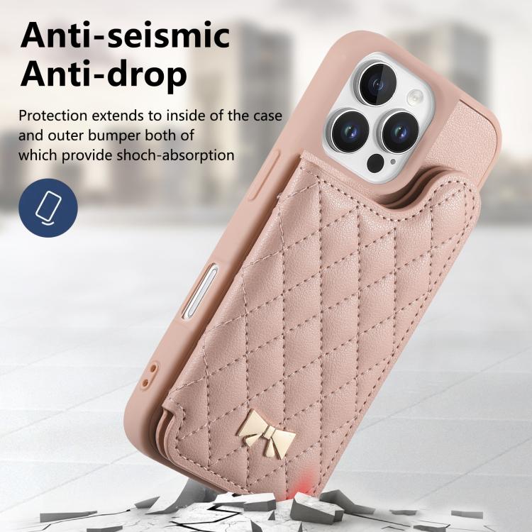 For iPhone 16 Pro Mirror Rhombic Texture Metal Bow-knot Vegan Leather Card Bag Phone Case