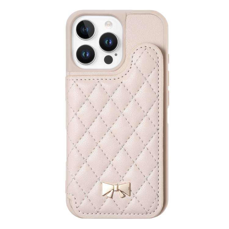 For iPhone 16 Pro Mirror Rhombic Texture Metal Bow-knot Vegan Leather Card Bag Phone Case