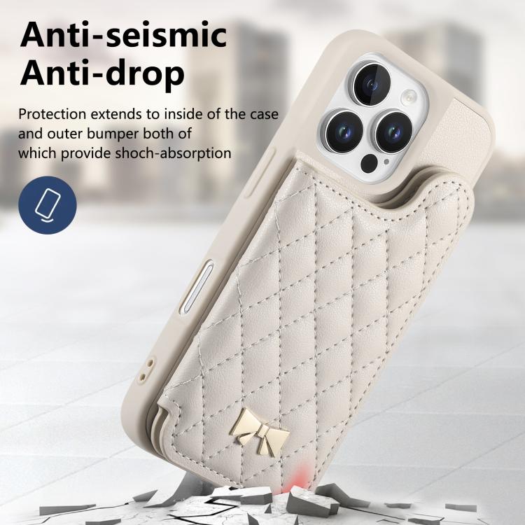 For iPhone 16 Pro Mirror Rhombic Texture Metal Bow-knot Vegan Leather Card Bag Phone Case