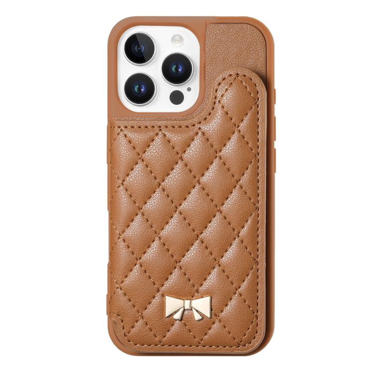 For iPhone 16 Pro Max Mirror Rhombic Texture Metal Bow-knot Vegan Leather Card Bag Phone Case