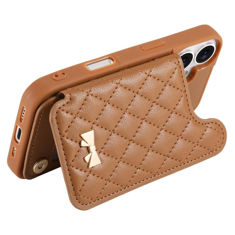 For iPhone 16 Pro Max Mirror Rhombic Texture Metal Bow-knot Vegan Leather Card Bag Phone Case
