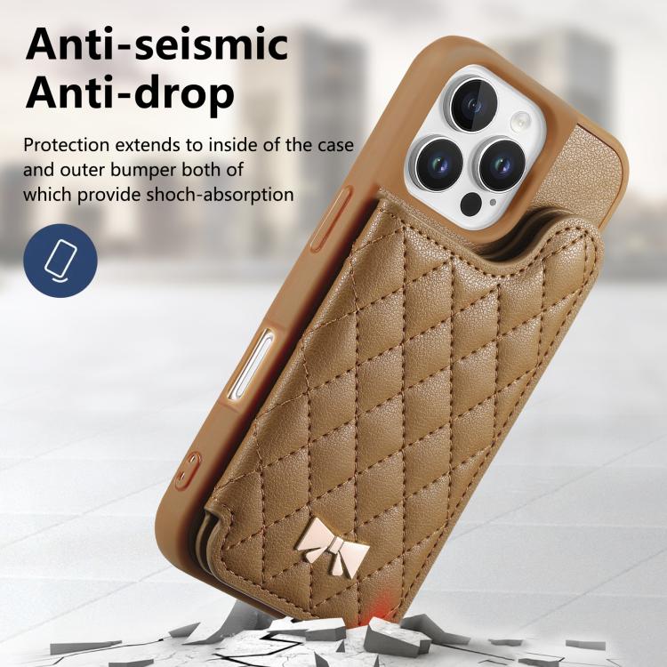 For iPhone 16 Pro Max Mirror Rhombic Texture Metal Bow-knot Vegan Leather Card Bag Phone Case