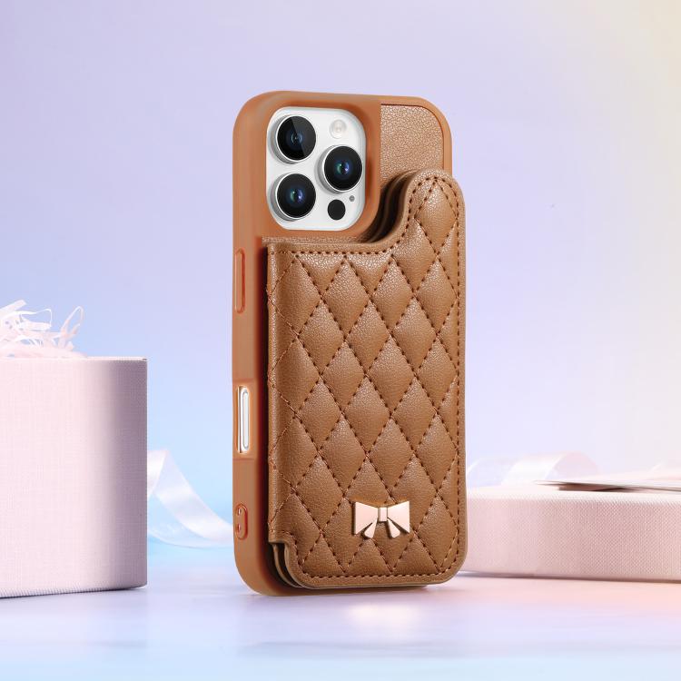 For iPhone 16 Pro Max Mirror Rhombic Texture Metal Bow-knot Vegan Leather Card Bag Phone Case