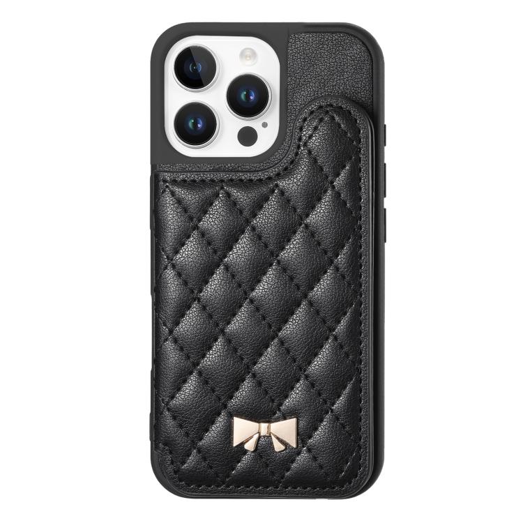 For iPhone 16 Pro Max Mirror Rhombic Texture Metal Bow-knot Vegan Leather Card Bag Phone Case