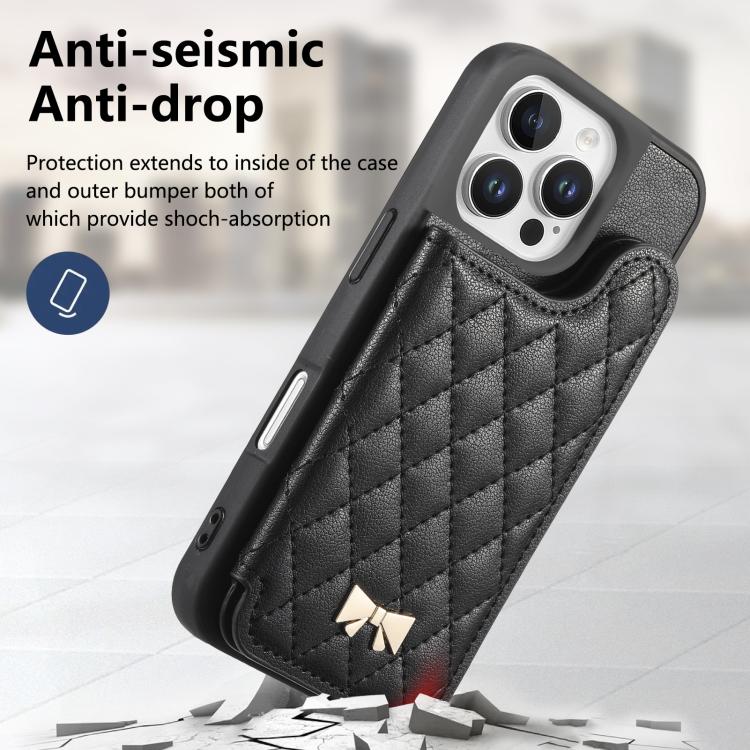 For iPhone 16 Pro Max Mirror Rhombic Texture Metal Bow-knot Vegan Leather Card Bag Phone Case