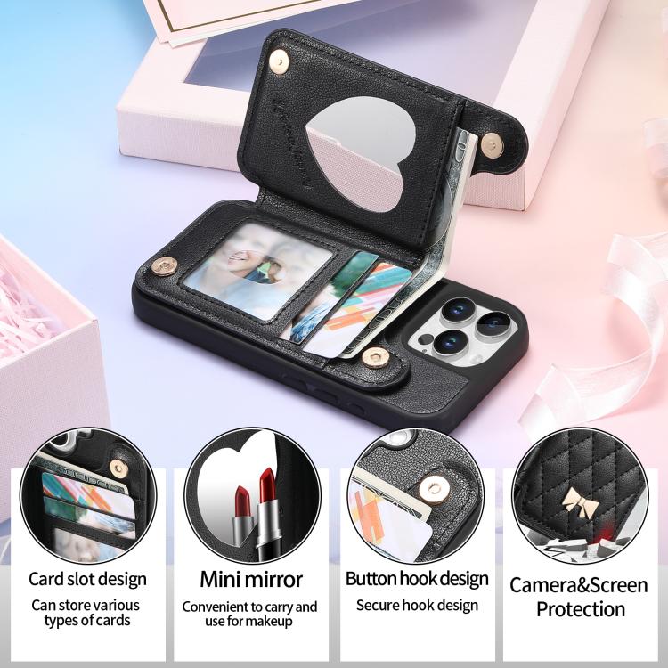 For iPhone 16 Pro Max Mirror Rhombic Texture Metal Bow-knot Vegan Leather Card Bag Phone Case