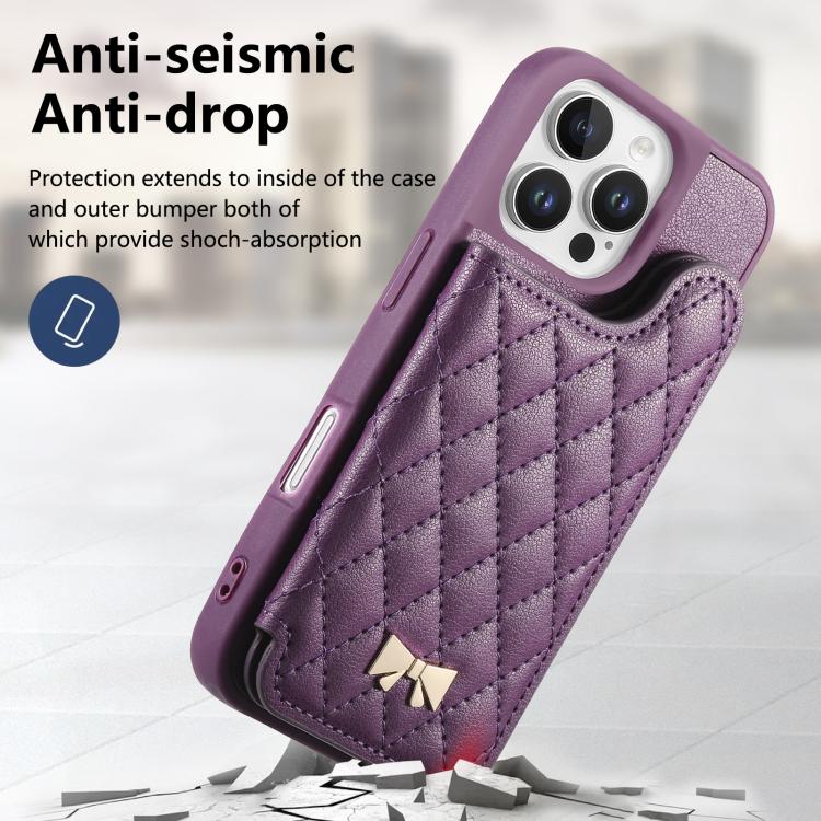 For iPhone 16 Pro Max Mirror Rhombic Texture Metal Bow-knot Vegan Leather Card Bag Phone Case