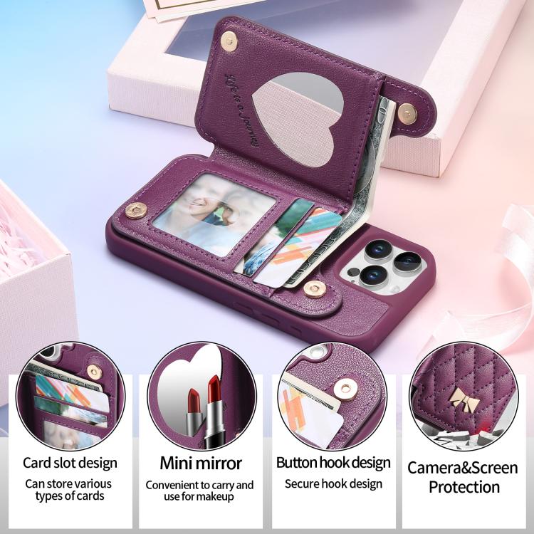 For iPhone 16 Pro Max Mirror Rhombic Texture Metal Bow-knot Vegan Leather Card Bag Phone Case