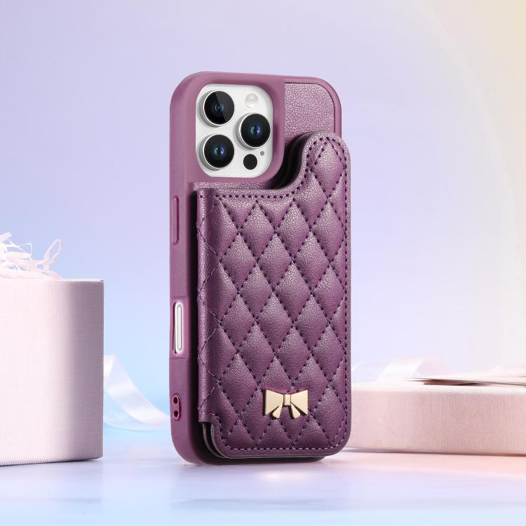 For iPhone 16 Pro Max Mirror Rhombic Texture Metal Bow-knot Vegan Leather Card Bag Phone Case