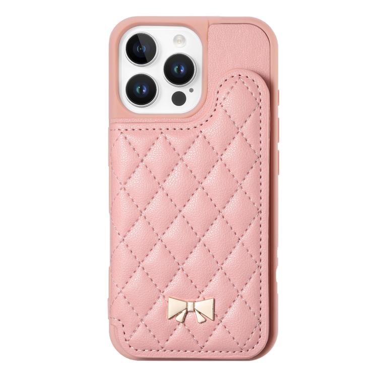 For iPhone 16 Pro Max Mirror Rhombic Texture Metal Bow-knot Vegan Leather Card Bag Phone Case
