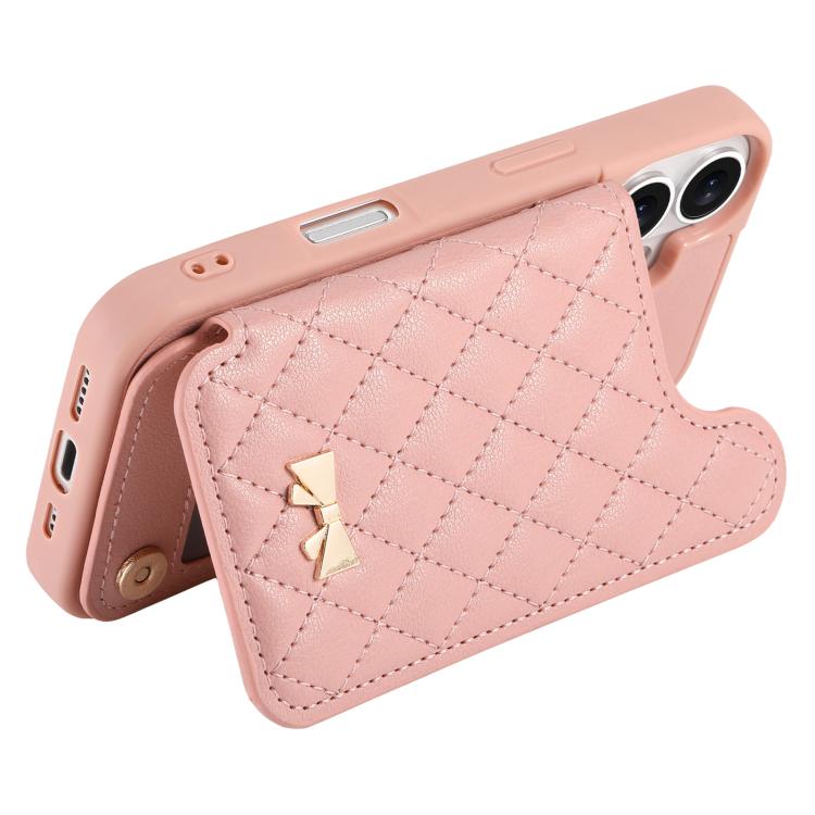 For iPhone 16 Pro Max Mirror Rhombic Texture Metal Bow-knot Vegan Leather Card Bag Phone Case