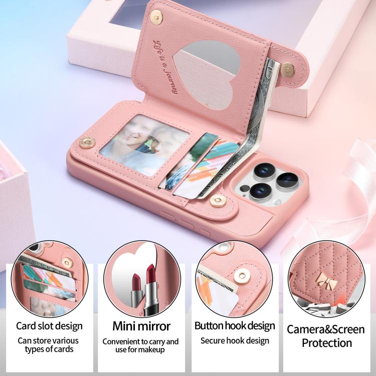 For iPhone 16 Pro Max Mirror Rhombic Texture Metal Bow-knot Vegan Leather Card Bag Phone Case