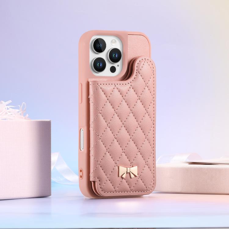For iPhone 16 Pro Max Mirror Rhombic Texture Metal Bow-knot Vegan Leather Card Bag Phone Case