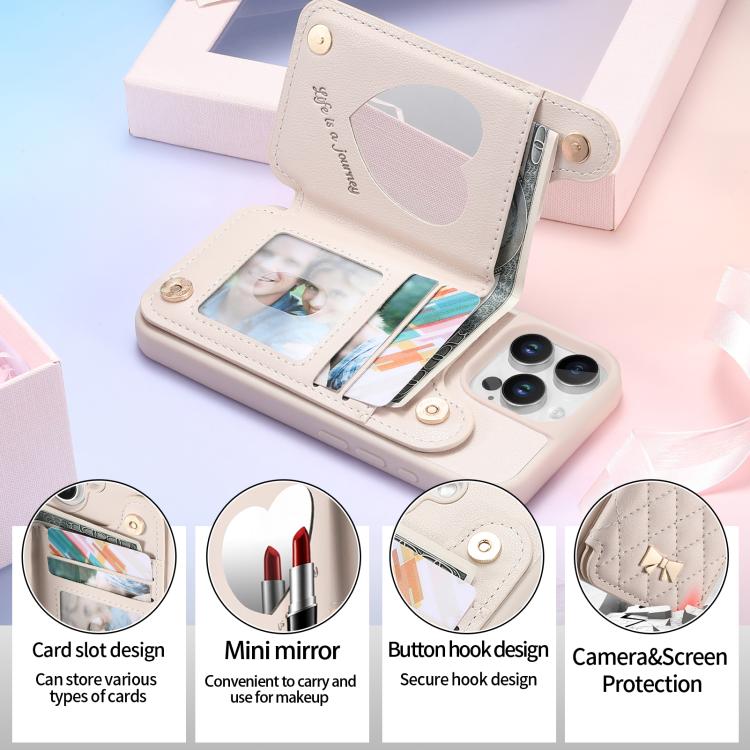 For iPhone 16 Pro Max Mirror Rhombic Texture Metal Bow-knot Vegan Leather Card Bag Phone Case