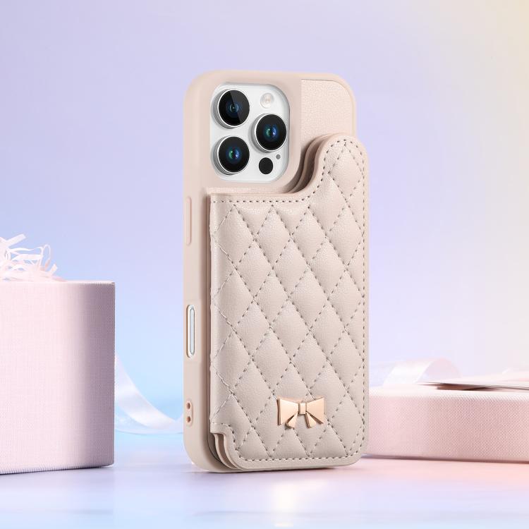 For iPhone 16 Pro Max Mirror Rhombic Texture Metal Bow-knot Vegan Leather Card Bag Phone Case