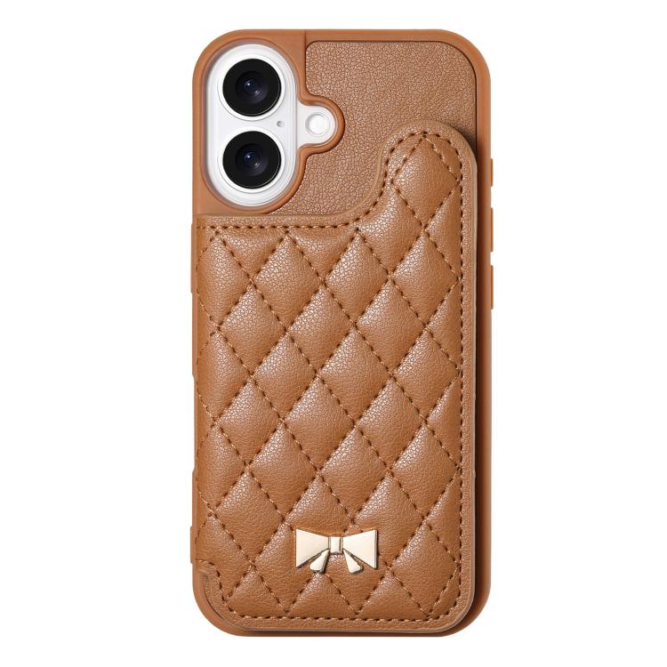 For iPhone 17 Mirror Rhombic Texture Metal Bow-knot Vegan Leather Card Bag Phone Case