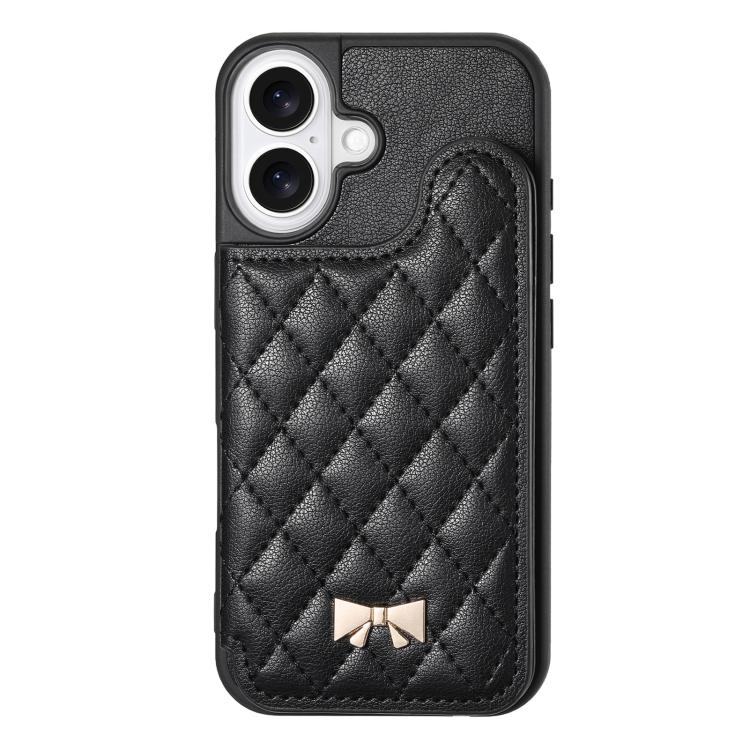 For iPhone 17 Mirror Rhombic Texture Metal Bow-knot Vegan Leather Card Bag Phone Case
