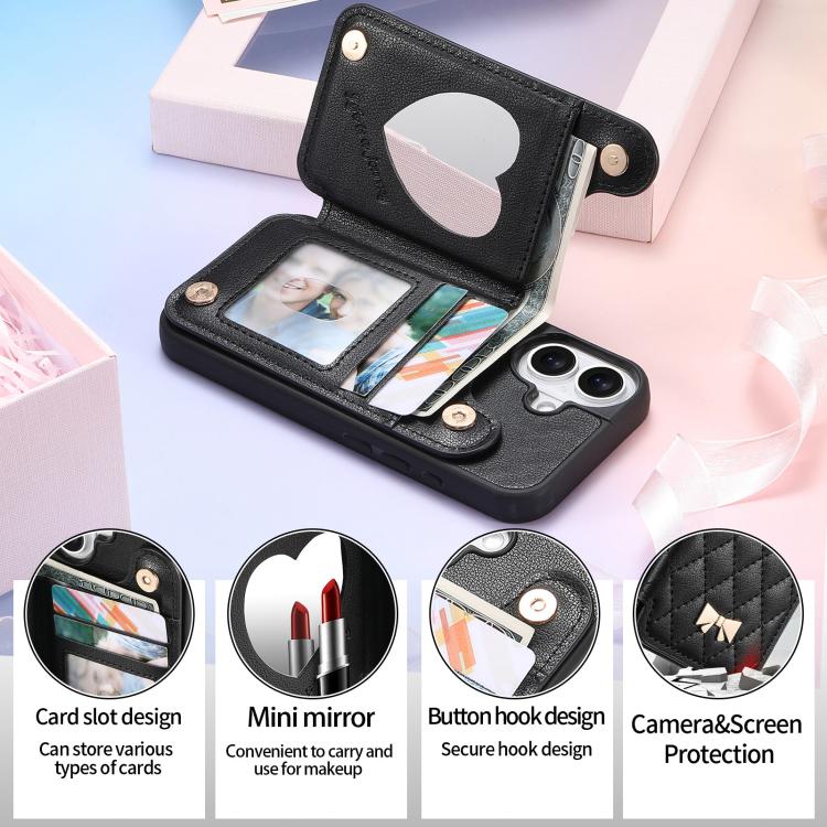 For iPhone 17 Mirror Rhombic Texture Metal Bow-knot Vegan Leather Card Bag Phone Case