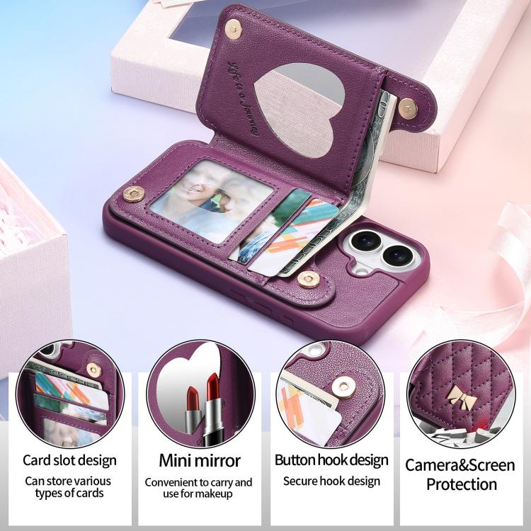 For iPhone 17 Mirror Rhombic Texture Metal Bow-knot Vegan Leather Card Bag Phone Case