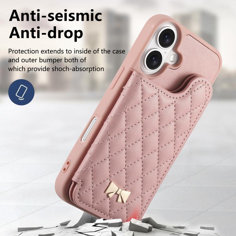 For iPhone 17 Mirror Rhombic Texture Metal Bow-knot Vegan Leather Card Bag Phone Case