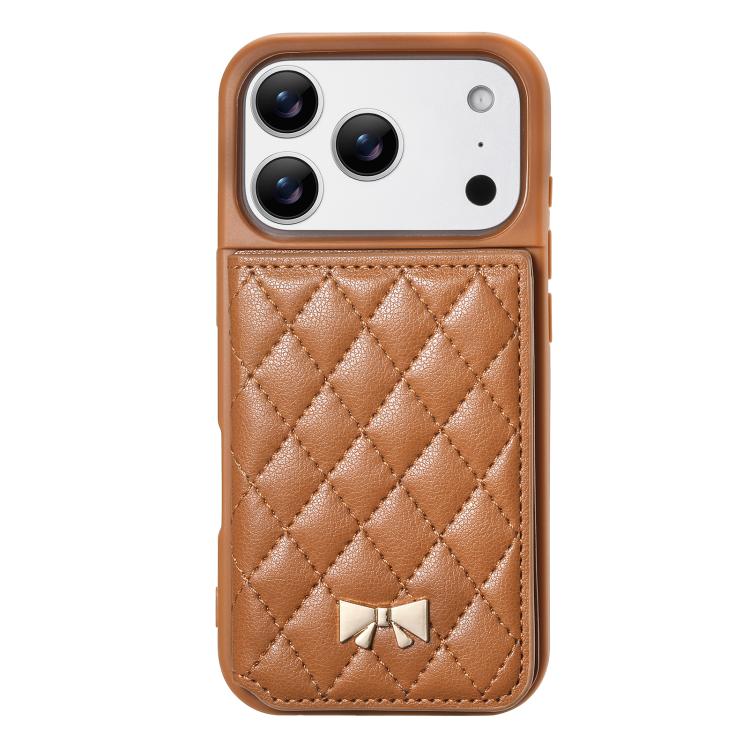 For iPhone 17 Pro Mirror Rhombic Texture Metal Bow-knot Vegan Leather Card Bag Phone Case
