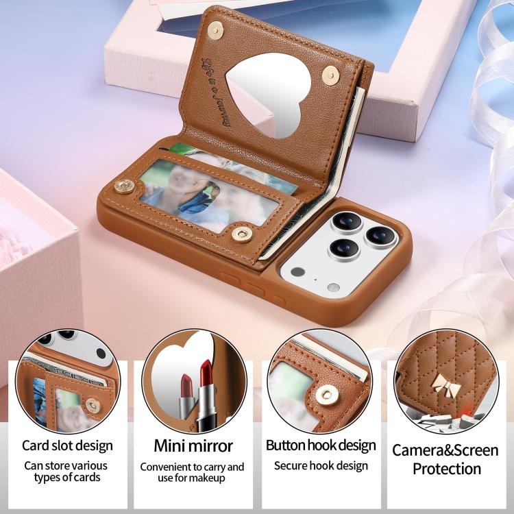 For iPhone 17 Pro Mirror Rhombic Texture Metal Bow-knot Vegan Leather Card Bag Phone Case