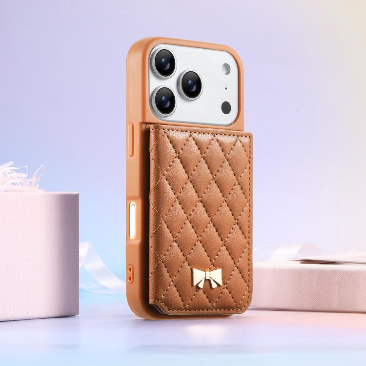 For iPhone 17 Pro Mirror Rhombic Texture Metal Bow-knot Vegan Leather Card Bag Phone Case