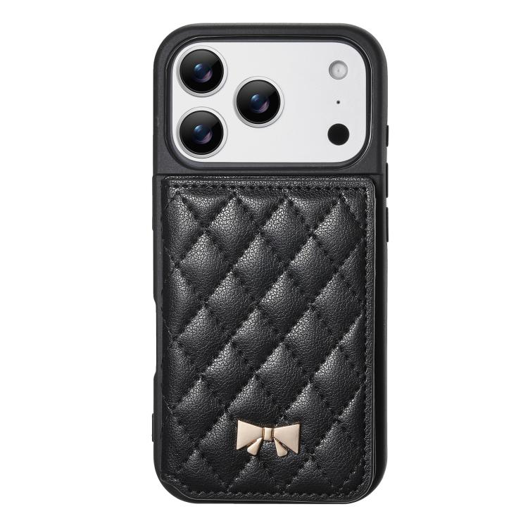 For iPhone 17 Pro Mirror Rhombic Texture Metal Bow-knot Vegan Leather Card Bag Phone Case