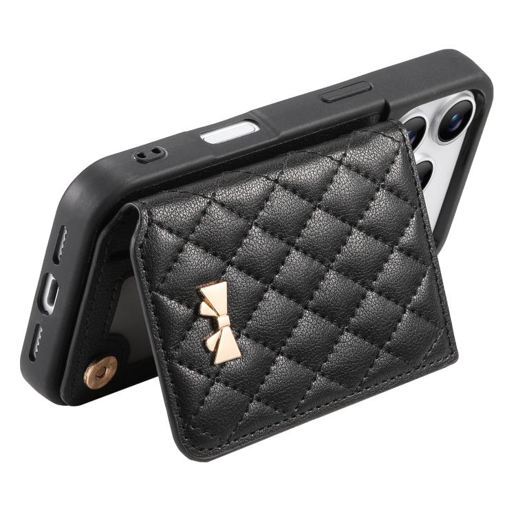 For iPhone 17 Pro Mirror Rhombic Texture Metal Bow-knot Vegan Leather Card Bag Phone Case