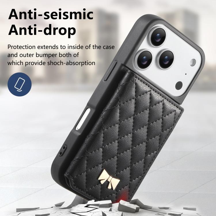 For iPhone 17 Pro Mirror Rhombic Texture Metal Bow-knot Vegan Leather Card Bag Phone Case