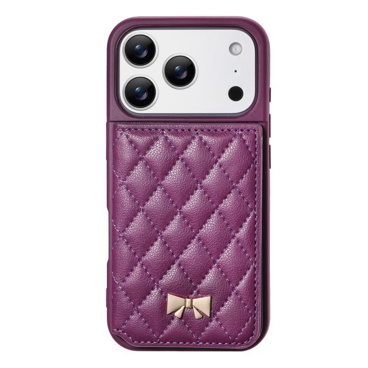 For iPhone 17 Pro Mirror Rhombic Texture Metal Bow-knot Vegan Leather Card Bag Phone Case