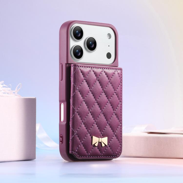 For iPhone 17 Pro Mirror Rhombic Texture Metal Bow-knot Vegan Leather Card Bag Phone Case