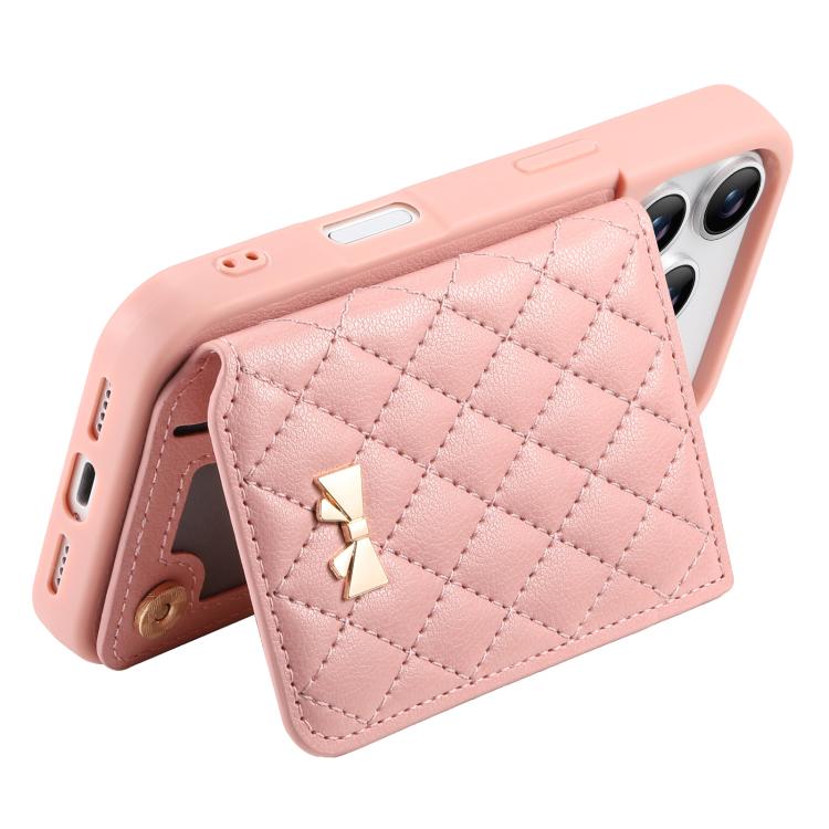 For iPhone 17 Pro Mirror Rhombic Texture Metal Bow-knot Vegan Leather Card Bag Phone Case