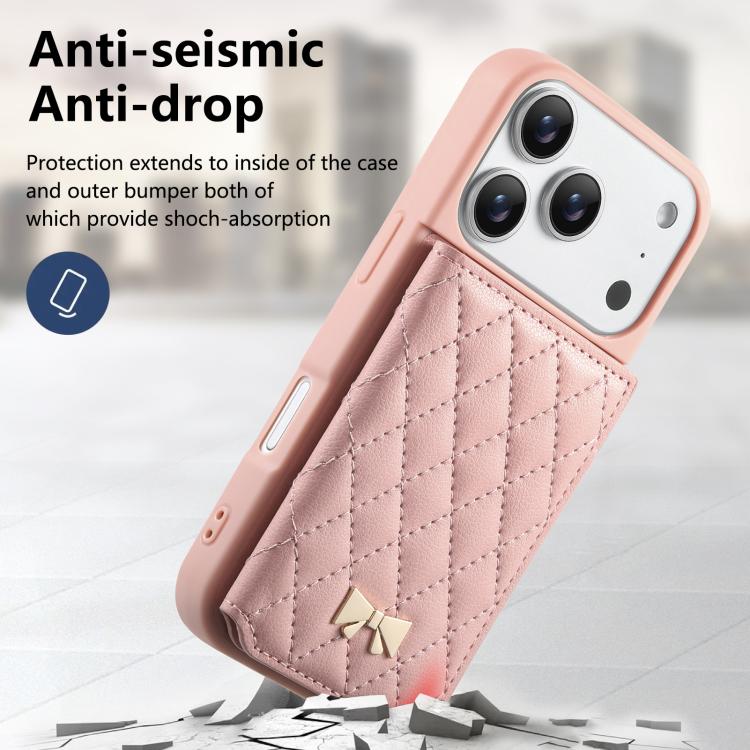 For iPhone 17 Pro Mirror Rhombic Texture Metal Bow-knot Vegan Leather Card Bag Phone Case