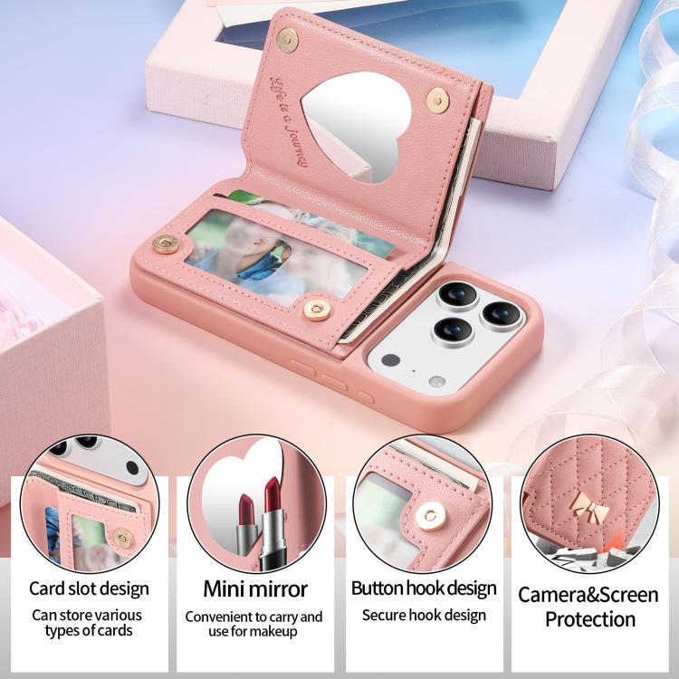 For iPhone 17 Pro Mirror Rhombic Texture Metal Bow-knot Vegan Leather Card Bag Phone Case