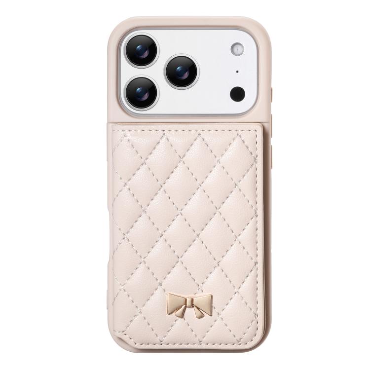 For iPhone 17 Pro Mirror Rhombic Texture Metal Bow-knot Vegan Leather Card Bag Phone Case