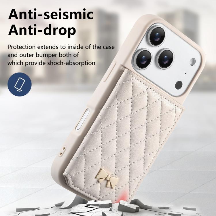 For iPhone 17 Pro Mirror Rhombic Texture Metal Bow-knot Vegan Leather Card Bag Phone Case