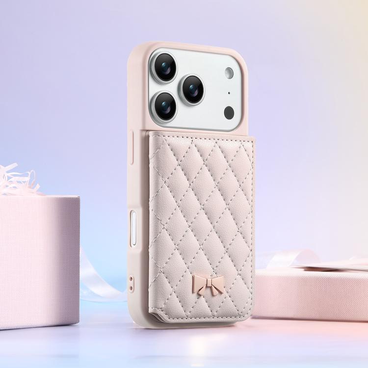 For iPhone 17 Pro Mirror Rhombic Texture Metal Bow-knot Vegan Leather Card Bag Phone Case