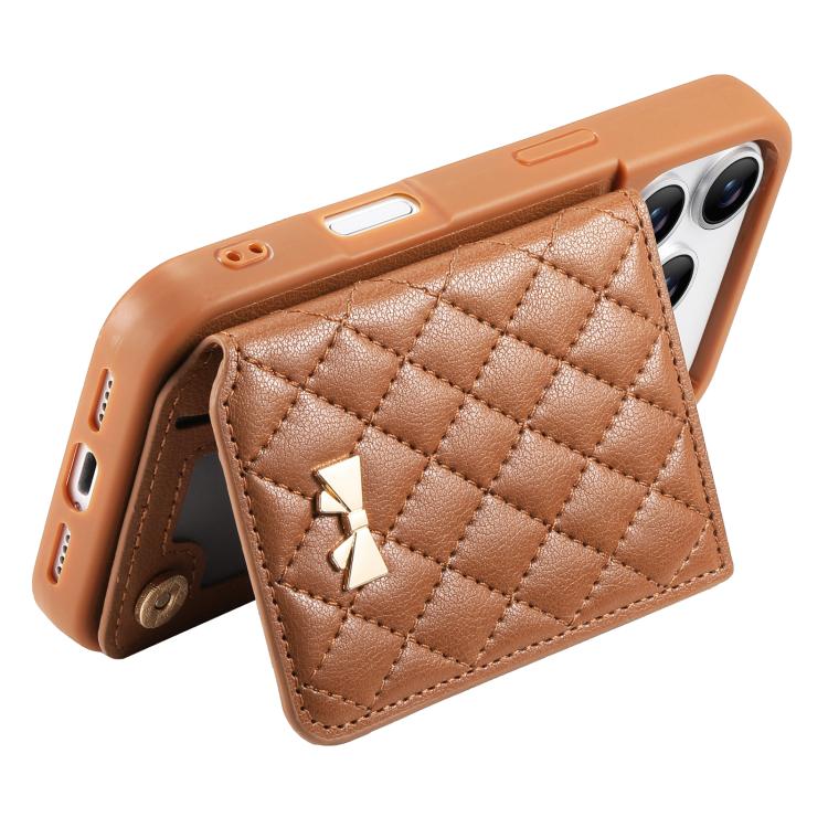 For iPhone 17 Pro Max Mirror Rhombic Texture Metal Bow-knot Vegan Leather Card Bag Phone Case