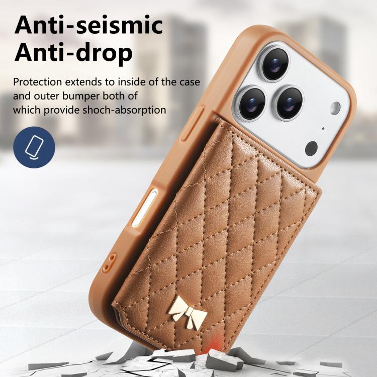 For iPhone 17 Pro Max Mirror Rhombic Texture Metal Bow-knot Vegan Leather Card Bag Phone Case