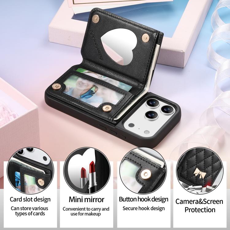 For iPhone 17 Pro Max Mirror Rhombic Texture Metal Bow-knot Vegan Leather Card Bag Phone Case