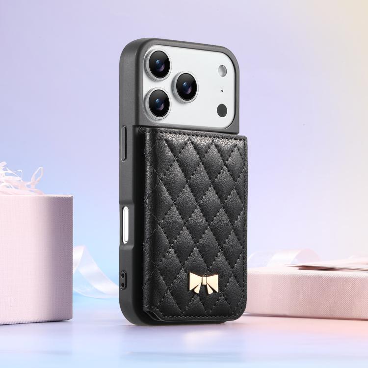 For iPhone 17 Pro Max Mirror Rhombic Texture Metal Bow-knot Vegan Leather Card Bag Phone Case
