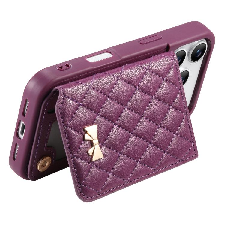 For iPhone 17 Pro Max Mirror Rhombic Texture Metal Bow-knot Vegan Leather Card Bag Phone Case