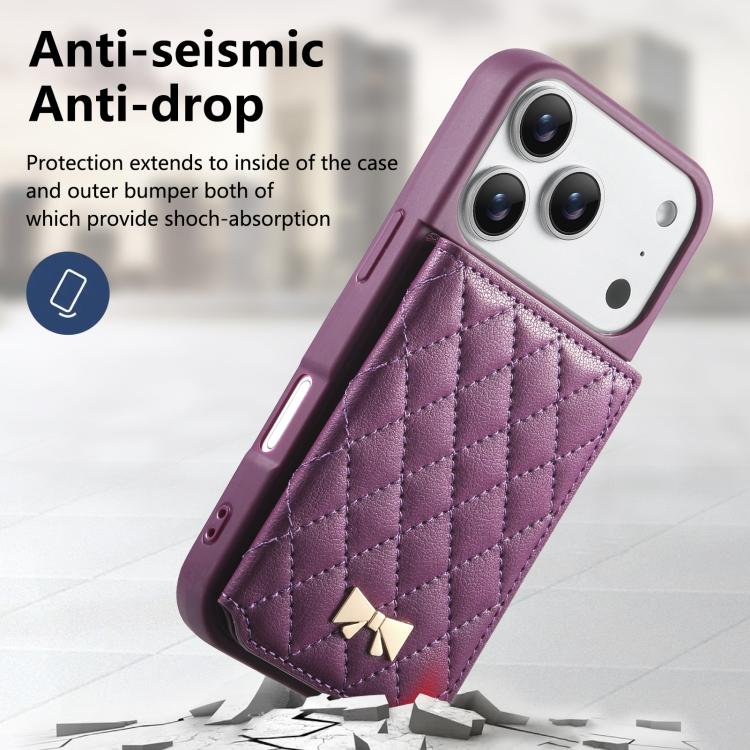 For iPhone 17 Pro Max Mirror Rhombic Texture Metal Bow-knot Vegan Leather Card Bag Phone Case