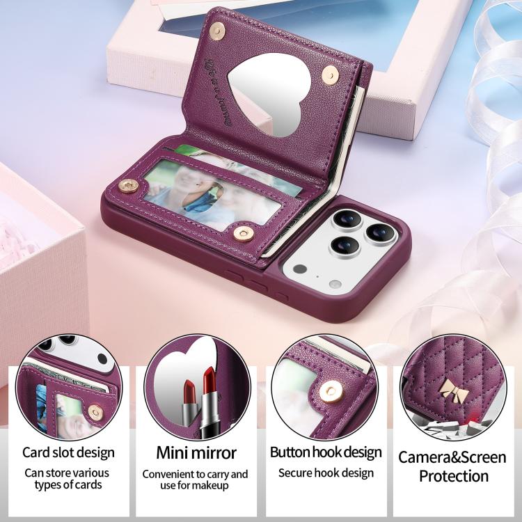 For iPhone 17 Pro Max Mirror Rhombic Texture Metal Bow-knot Vegan Leather Card Bag Phone Case
