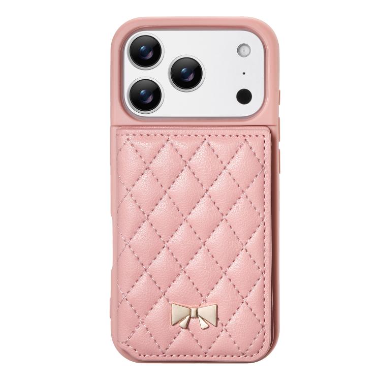 For iPhone 17 Pro Max Mirror Rhombic Texture Metal Bow-knot Vegan Leather Card Bag Phone Case