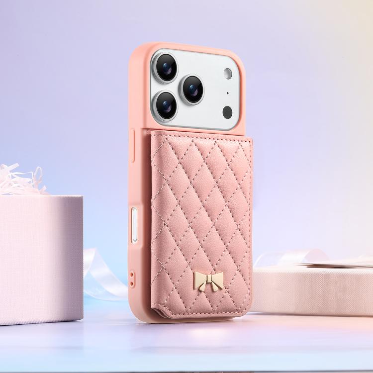 For iPhone 17 Pro Max Mirror Rhombic Texture Metal Bow-knot Vegan Leather Card Bag Phone Case