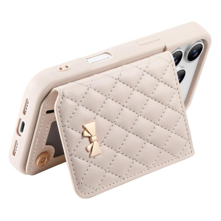 For iPhone 17 Pro Max Mirror Rhombic Texture Metal Bow-knot Vegan Leather Card Bag Phone Case