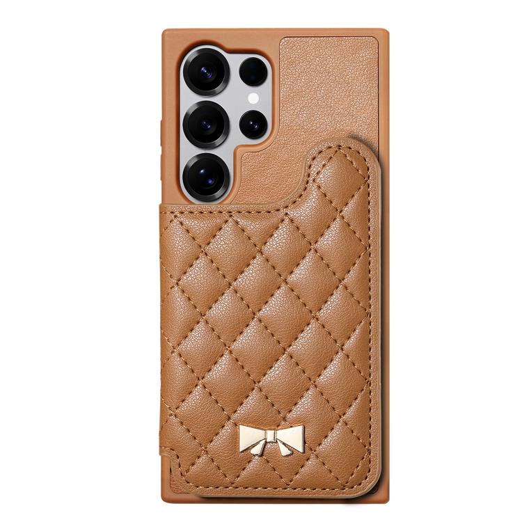 For Samsung Galaxy S25 Ultra 5G Mirror Rhombic Texture Metal Bow-knot Vegan Leather Card Bag Phone Case