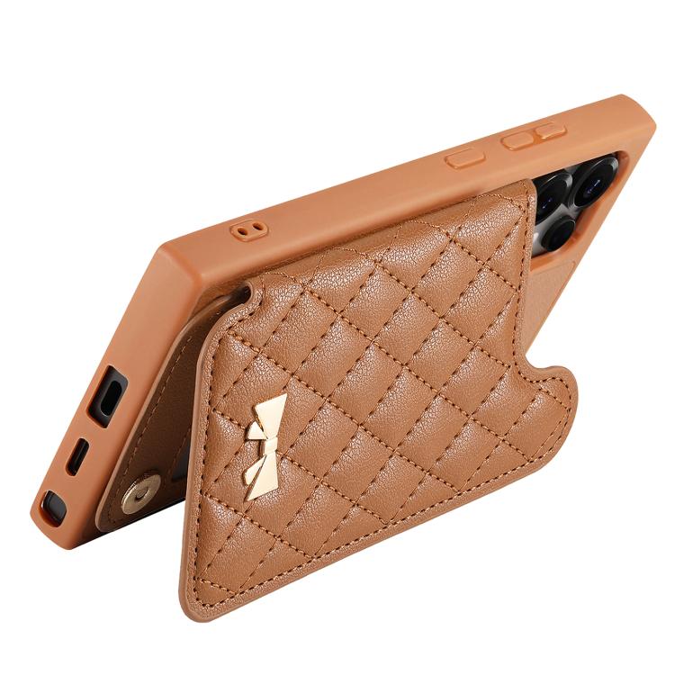 For Samsung Galaxy S25 Ultra 5G Mirror Rhombic Texture Metal Bow-knot Vegan Leather Card Bag Phone Case